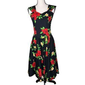 Vintage Royal Creations Blk & Red Hibiscus Fit & Flr Dress Sz M 50’s, Tropical